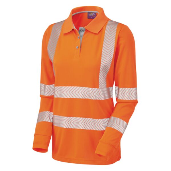 Leo Pollyfield Orange Hi Vis Long Sleeve Ladies Polo Shirt Thumbnail