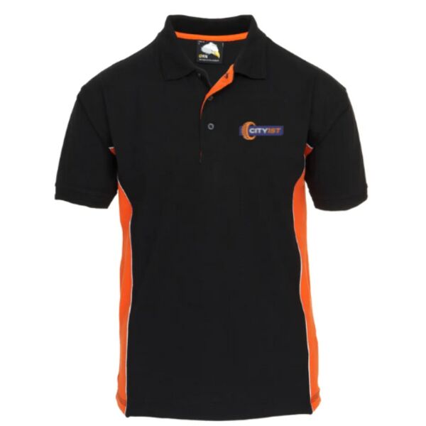 C4ETYRE001 Two Tone Polo Shirt - Black/Orange City 1st Logo EMB FLB Thumbnail