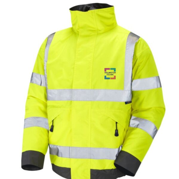 C4ECROM0244 Hi-Vis Bomber Jacket - Welling Sq transfer FLB + heart of the community Back Thumbnail