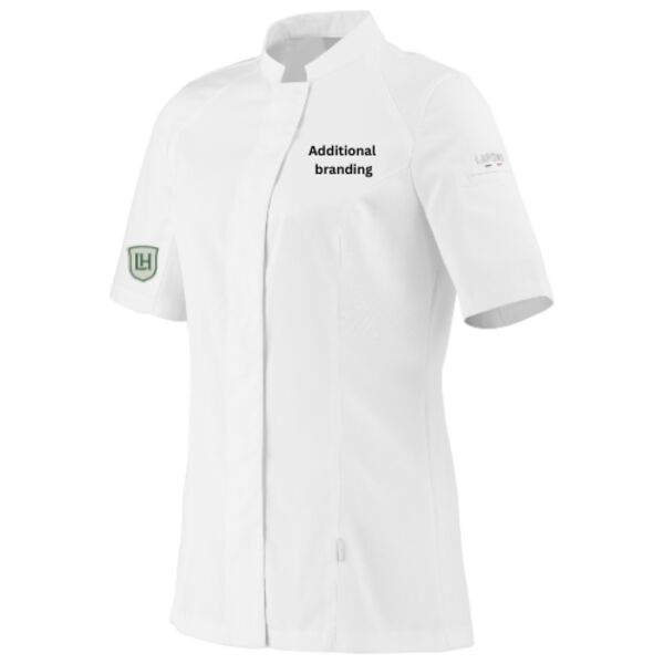 C4ELH018 Ladies Chef Jacket S/S - LH White Crest Emb Right Sleeve + Additional Branding Thumbnail